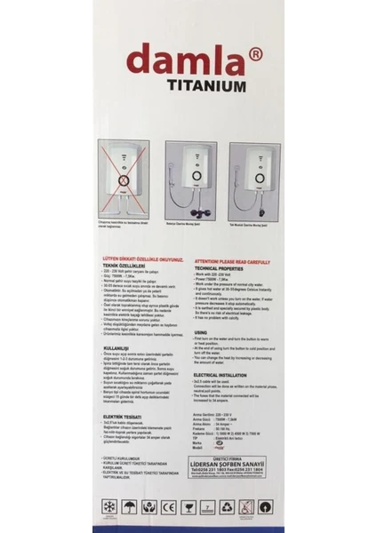 Damla 7500W Elektrikli Şofben Bakır Rezistans Kompakt Tasarım CE Sertifikalı